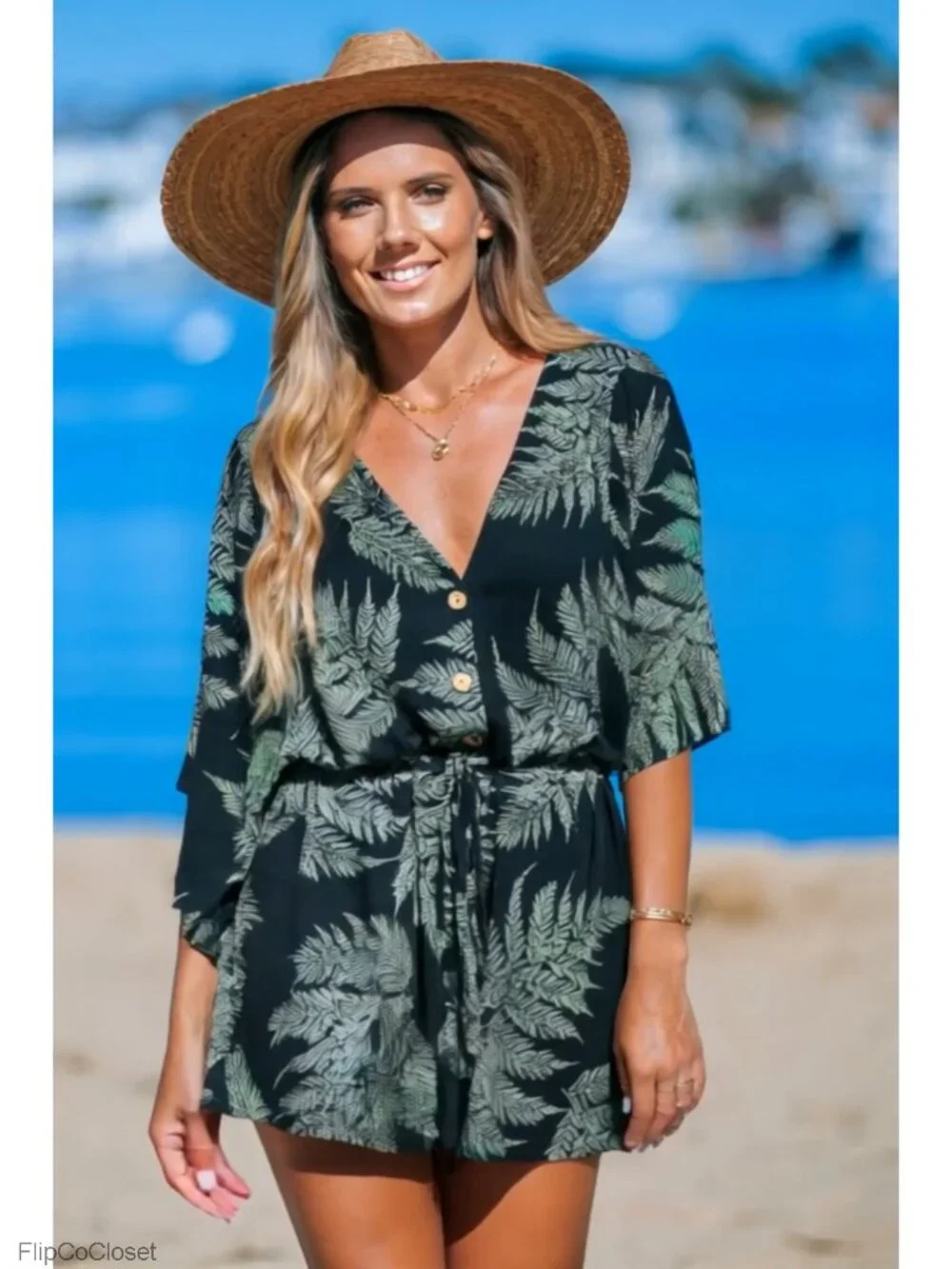 Women's Tropical Romper V-Neck Tie Waist Short Sleeve Rayon Jumpsuit